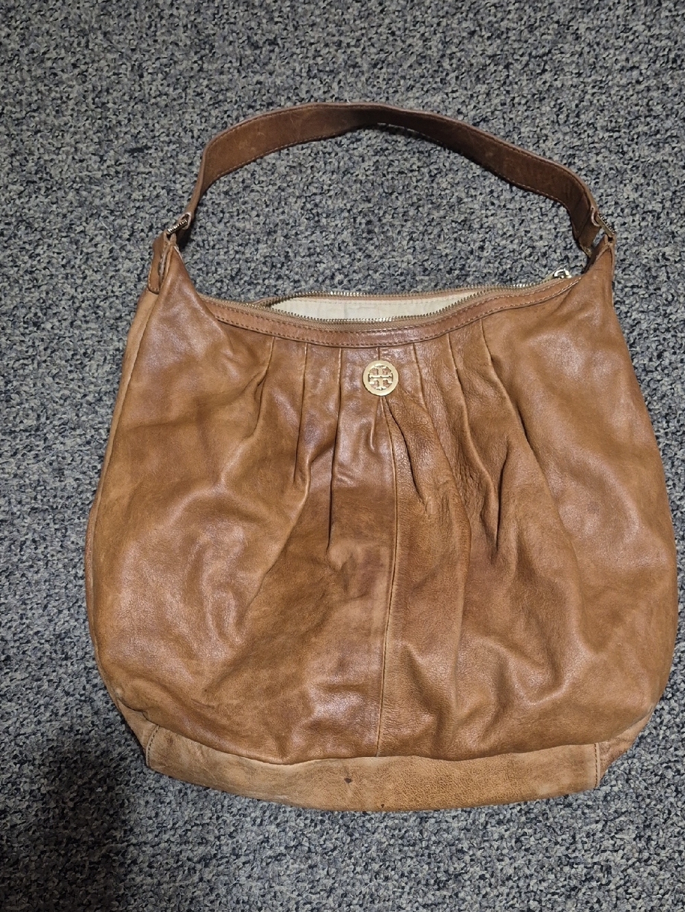 Tory Burch Tan Leather Pleated Hobo Shoulder Bag with Gold Logo